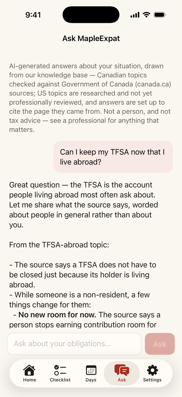Ask MapleExpat screen with a question about keeping a TFSA abroad and an AI answer that cites a canada.ca page.