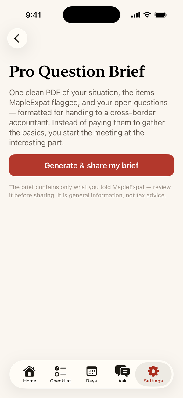 MapleExpat Pro Question Brief screen with a button to generate and share a PDF for your accountant.