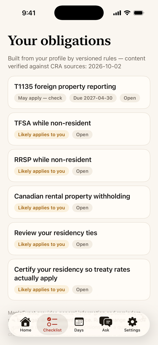 MapleExpat checklist titled Your obligations, listing items such as T1135 foreign property reporting and TFSA while non-resident.