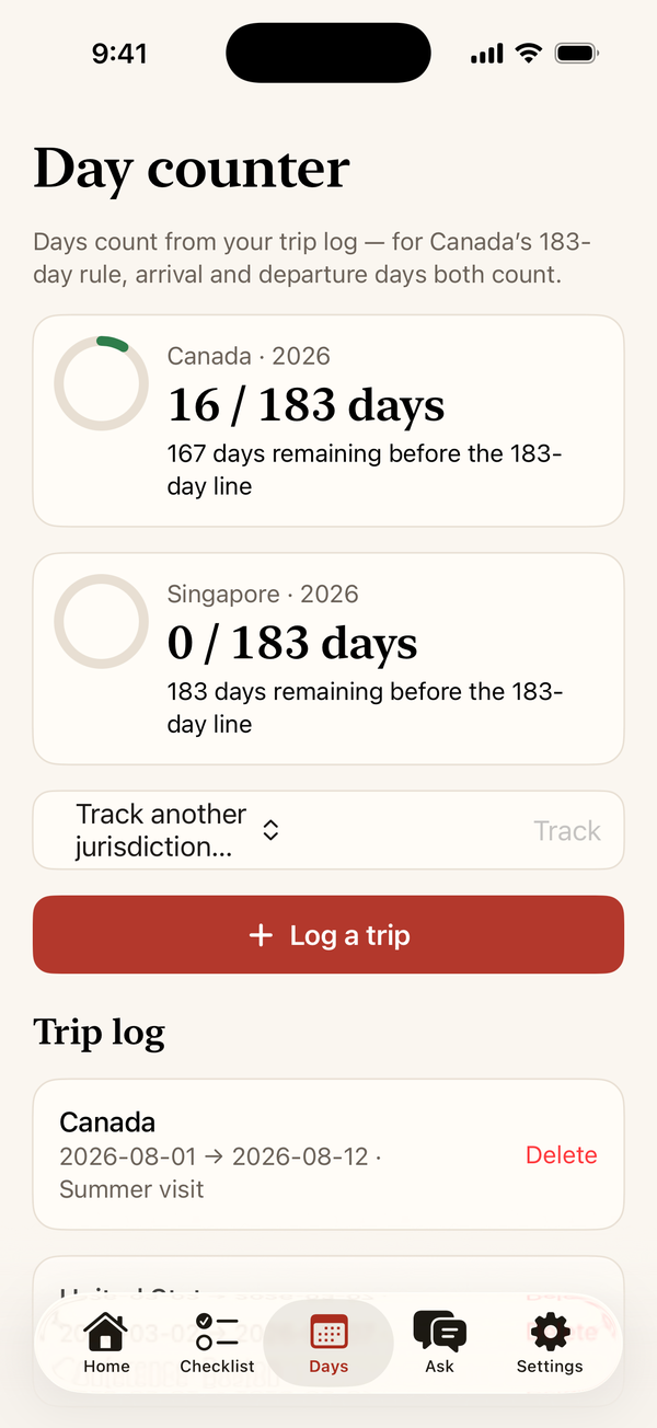 MapleExpat day counter showing 16 of 183 days in Canada and a trip log below.