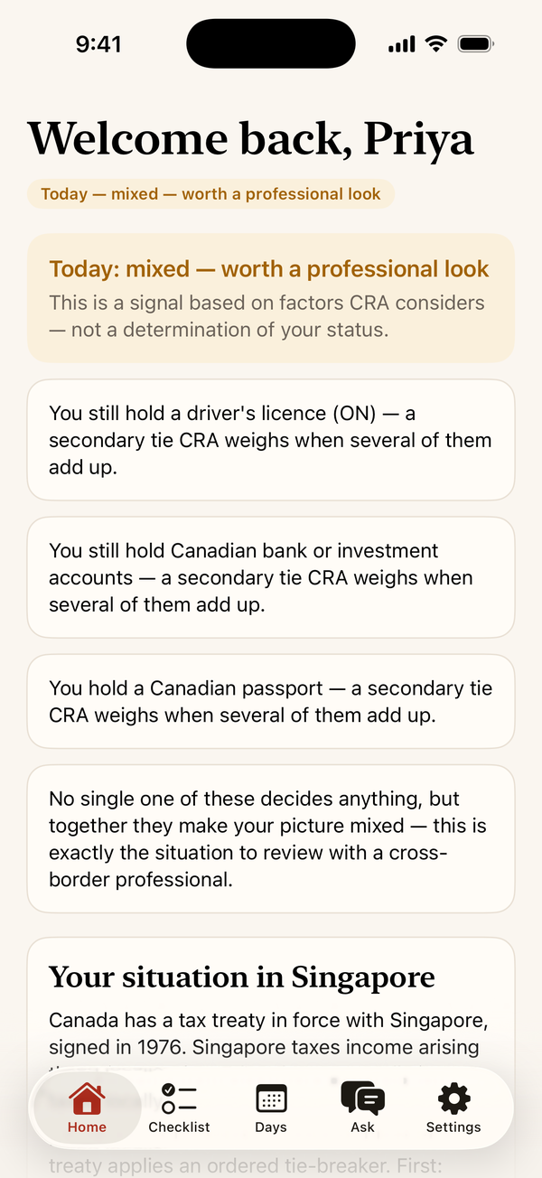MapleExpat home screen showing a Residency Signal of "mixed, worth a professional look" with the reasons behind it.